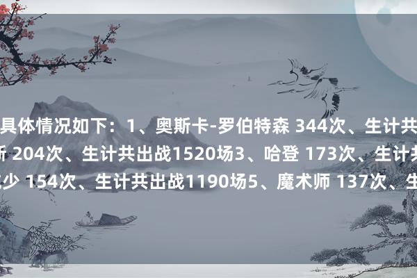具体情况如下:1、奥斯卡-罗伯特森 344次、生计共出战1040场2、詹姆斯 204次、生计共出战1520场3、哈登 173次、生计共出战1101场4、威少 154次、生计共出战1190场5、魔术师 137次、生计共出战906场6、特雷-杨 128次、生计共出战436场 体育集锦