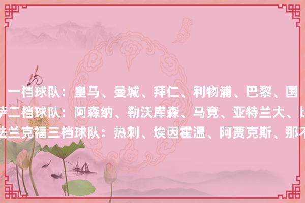 一档球队：皇马、曼城、拜仁、利物浦、巴黎、国米、切尔西、多特、巴萨二档球队：阿森纳、勒沃库森、马竞、亚特兰大、比利亚雷亚尔、尤文、法兰克福三档球队：热刺、埃因霍温、阿贾克斯、那不勒斯、葡萄牙体育、奥林匹亚科斯、布拉格斯拉维亚、马赛四档球队：摩纳哥、加拉塔萨雷、圣吉罗斯、毕尔巴鄂竞技、纽卡斯尔联    体育集锦